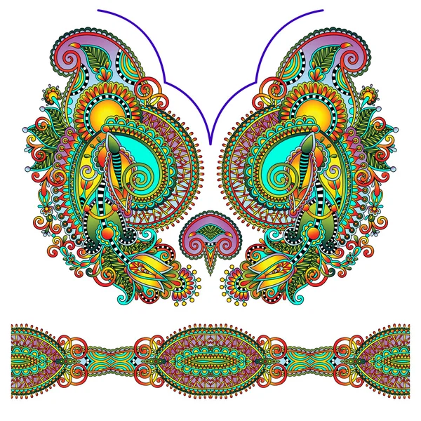 Halsringningen utsmyckade paisley blomsterbroderier modedesign — Stock vektor