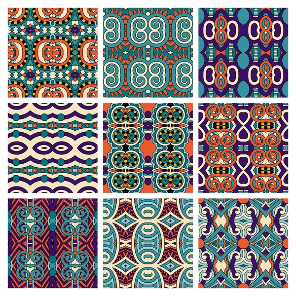 Conjunto de diferentes patrones geométricos vintage de colores sin costura — Vector de stock