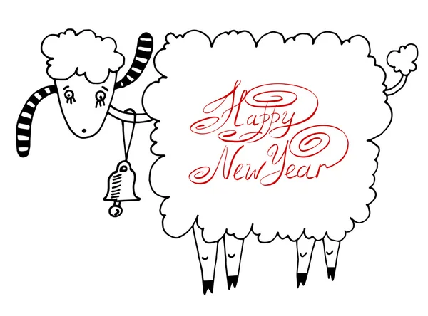 Feliz año nuevo tarjeta de diseño con cabra u oveja, sym lunar chino — Archivo Imágenes Vectoriales