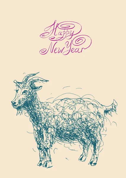 Feliz año nuevo tarjeta de diseño con cabra u oveja, sym lunar chino — Archivo Imágenes Vectoriales