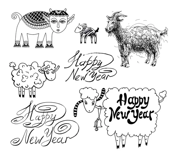 Collection of happy new year design with goat or sheep, chinese — Stock Vector