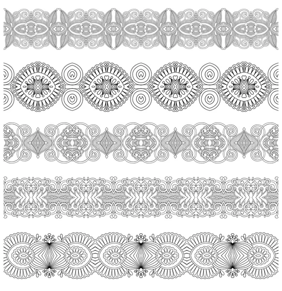 Collection of seamless ornamental floral stripes, black and whit — Stock Vector