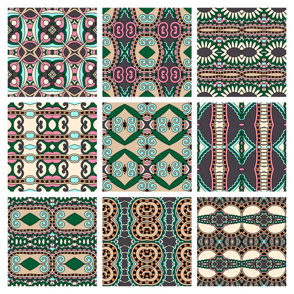 Set of different seamless colored vintage geometric pattern, tex — Stock Vector