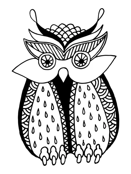 Original artwork of owl, ink hand drawing in ethnic style — Stock Vector