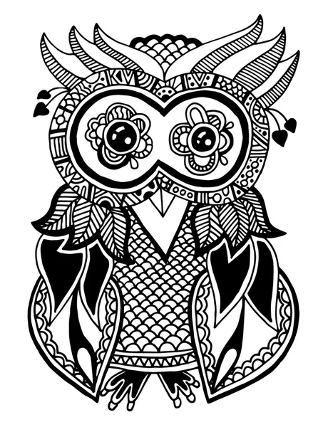 Oeuvre originale de hibou, dessin à la main à l'encre dans un style ethnique — Image vectorielle