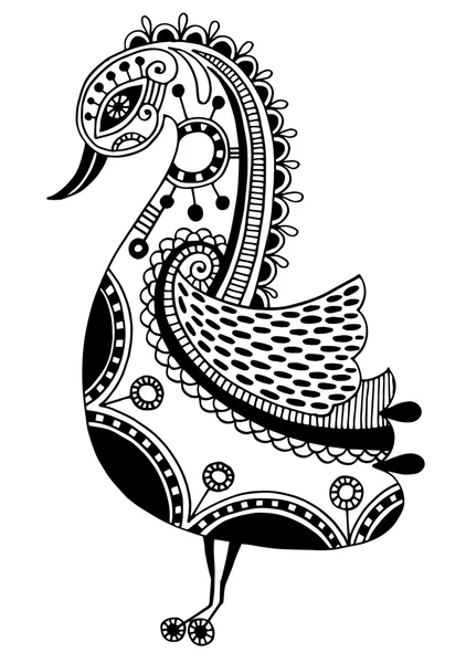Disegno a inchiostro di uccello ornamentale tribale, modello etnico, nero e — Vettoriale Stock
