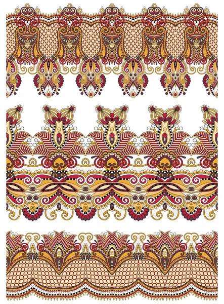 Patrón de franja paisley floral étnica sin costuras, conjunto de frontera — Vector de stock