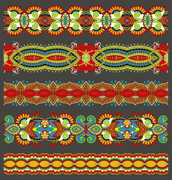 Patrón de franja paisley floral étnica sin costuras, conjunto de frontera — Vector de stock