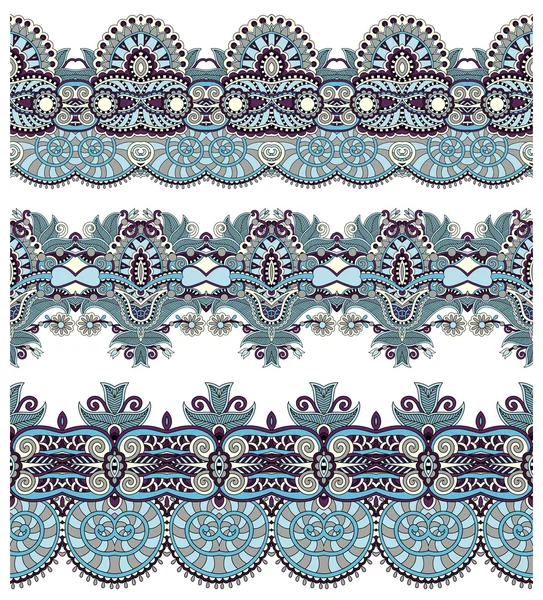 Patrón de franja paisley floral étnica sin costuras, conjunto de frontera — Vector de stock