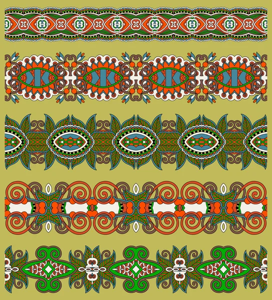 Patrón de franja paisley floral étnica sin costuras, conjunto de frontera — Archivo Imágenes Vectoriales