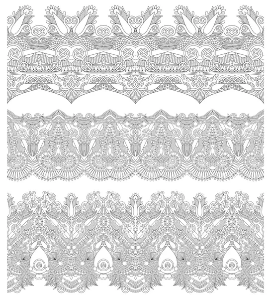 Collection of seamless ornamental floral stripes, black and whit — Stock Vector