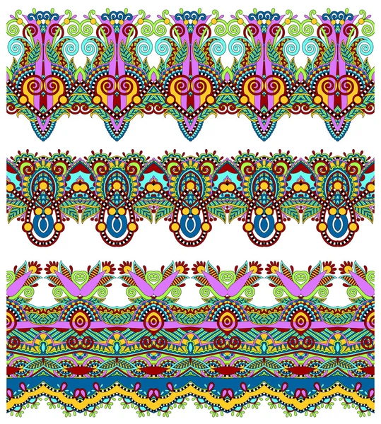 Patrón de franja paisley floral étnica sin costuras, conjunto de frontera, Ucrania — Vector de stock