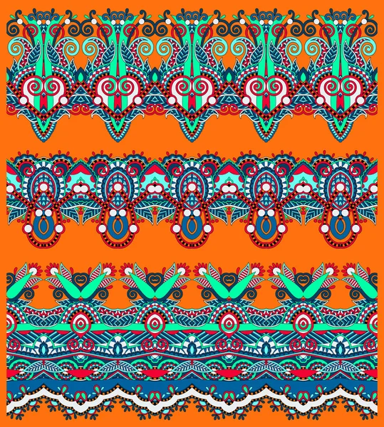 Patrón de franja paisley floral étnica sin costuras, conjunto de frontera, Ucrania — Vector de stock