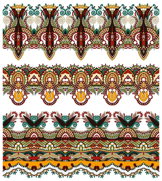 Patrón de franja paisley floral étnica sin costuras, conjunto de frontera, Ucrania — Vector de stock