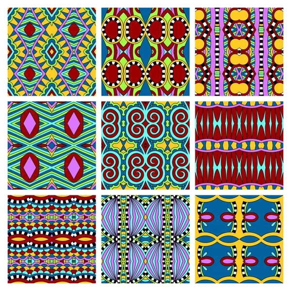 Set di diversi modelli geometrici vintage colorati senza cuciture, tex — Vettoriale Stock