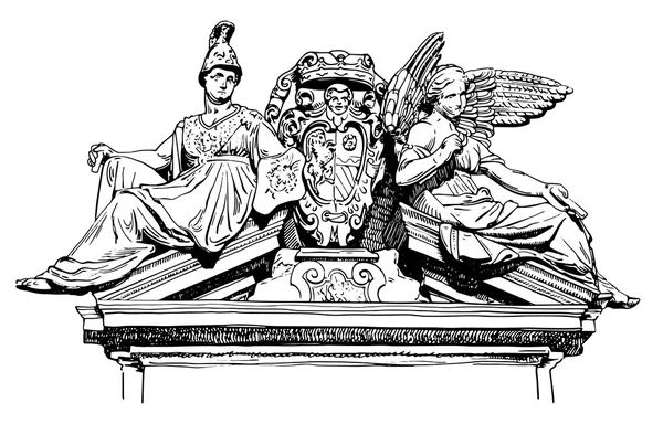 Desen de decor fațadă clădire istorică cu femei și — Vector de stoc