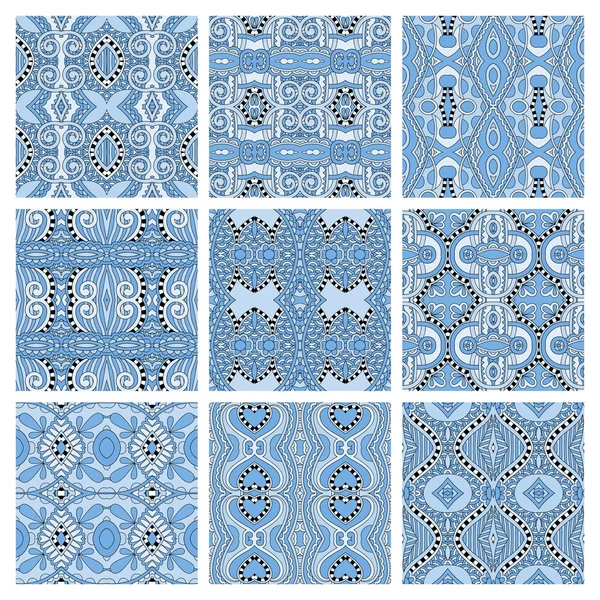 Набор различных бесшовных голубых цветовых геометрических шаблонов — стоковый вектор