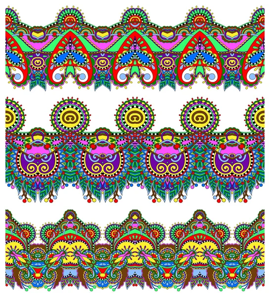 Patrón de franja paisley floral étnica sin costuras, conjunto de frontera — Vector de stock