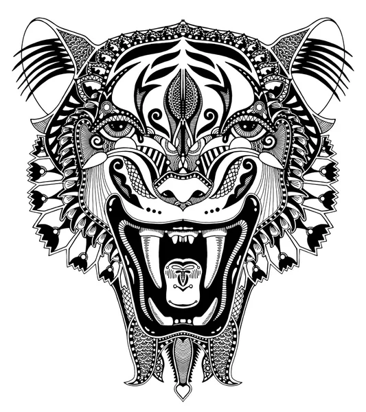 Dibujo original tigre cabeza negra con la caída abierta — Vector de stock