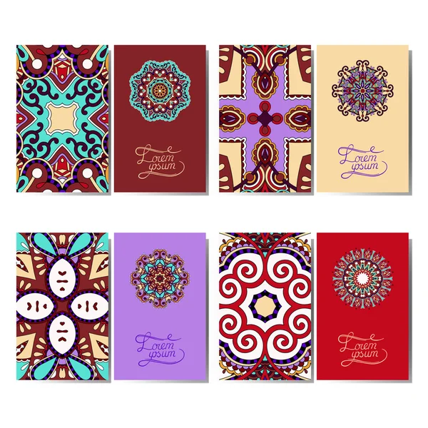 Violet colour collection of ornamental floral business cards — Stock Vector