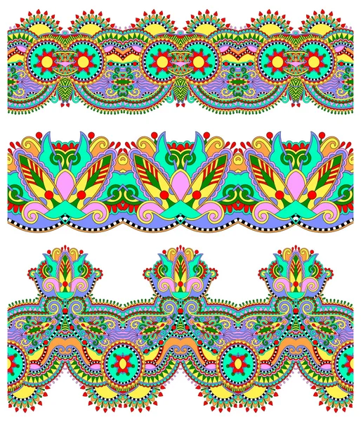 Patrón de franja paisley floral étnica sin costuras, conjunto de frontera — Vector de stock