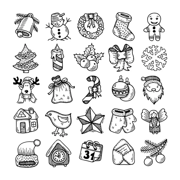 Schets tekening Kerstmis doodle pictogrammen — Stockvector