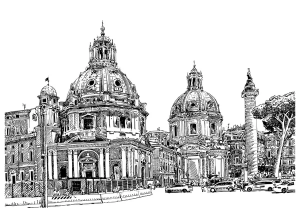 黑色和白色数字绘图的罗马意大利城市景观 — 图库矢量图片