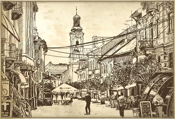 Szkic ilustracji wektorowych panoramę miasta Użhorod — Wektor stockowy
