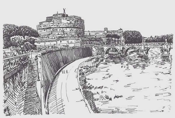 Dibujo de paisaje urbano con fortaleza de SantAngelo en Roma — Vector de stock