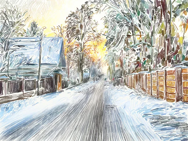 Pintura de hermoso invierno en el país — Vector de stock