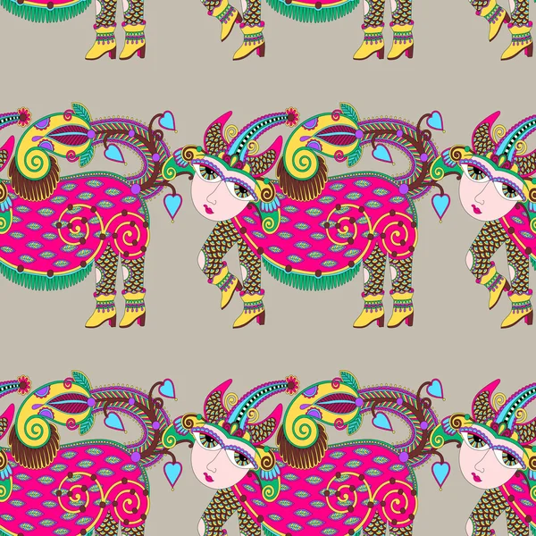 Ethnic seamless pattern fabric with unusual tribal animal — Stock Vector