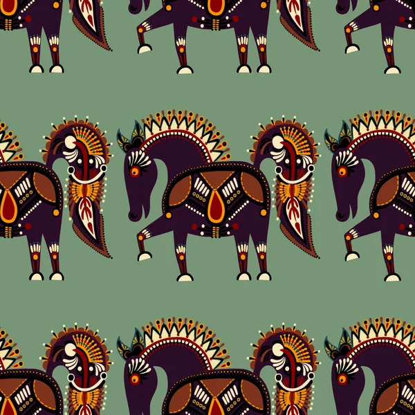 Tela de patrón sin costura étnica con animal tribal inusual — Vector de stock