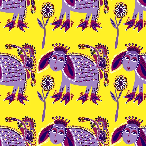 Tissu motif sans couture ethnique avec animal tribal inhabituel — Image vectorielle