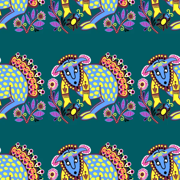 Tissu motif sans couture ethnique avec animal tribal inhabituel — Image vectorielle