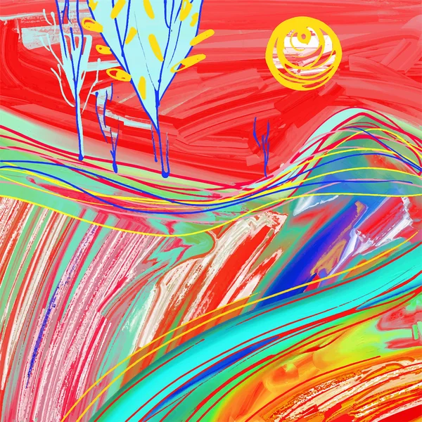 Pintura digital da paisagem do por do sol vermelho — Vetor de Stock