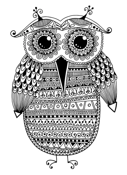 Black and white original ethnic owl ink drawing — Stock Vector