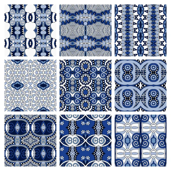Set of blue different seamless colored vintage geometric pattern — Stock Vector