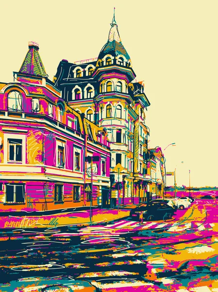 城市基辅现代景观，波多尔，乌克兰素描 — 图库矢量图片