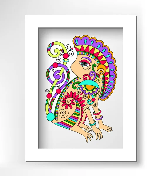 Line art drawing of ethnic monkey in decorative ukrainian style — Stock Vector