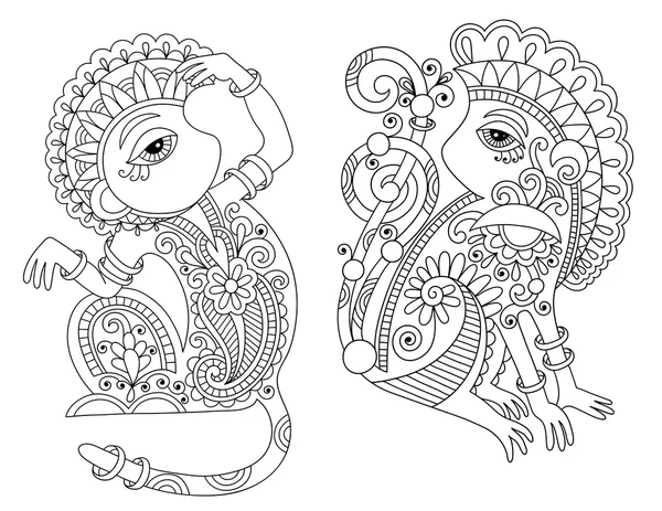 Line art drawing set of ethnic two monkey in decorative ukrainia — Stock Vector