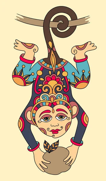 Line art drawing of ethnic monkey in decorative ukrainian style — Stock Vector