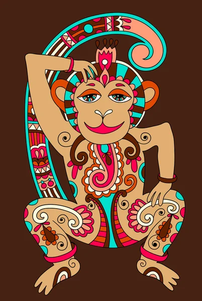 Line art drawing of ethnic monkey in decorative ukrainian style — Stock Vector