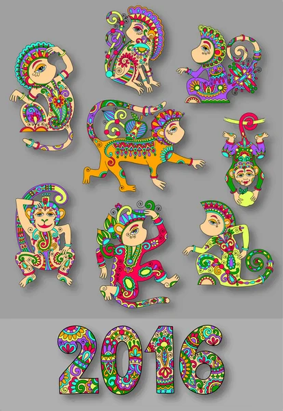 Farklı renklerde dekoratif maymun - Çince sembolü 2016 kümesi — Stok Vektör