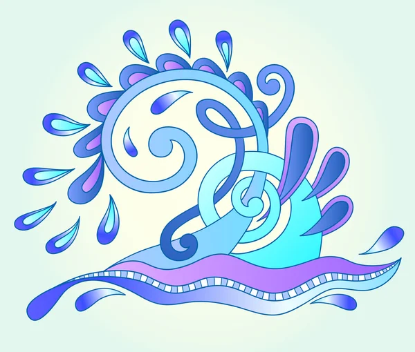 Decorative aquatic blue wave with sparks and drops, water design — Wektor stockowy