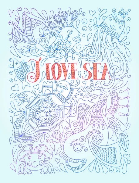 Illustration in blue colors with funny fish, octopus, tortoise — ストックベクタ