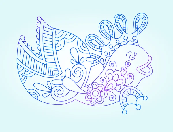 Blue line drawing of sea monster, underwater decorative fish — Stockvector