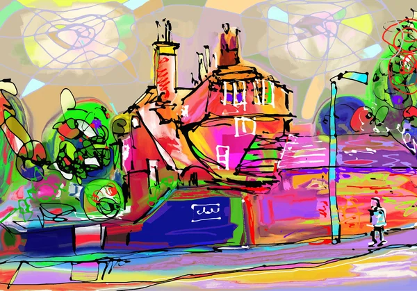 Abstracte schilderkunst van Britse dorp, digitale kunst samenstelling Ca — Stockvector