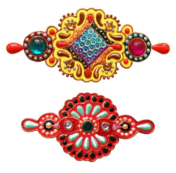 Elemento de design étnico ornamentais artesanais com jóias e ouro — Vetor de Stock