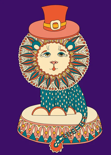 Dessin d'art en ligne coloré du thème du cirque - lion dans un chapeau — Image vectorielle