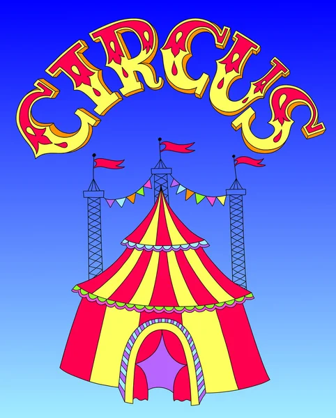 Red and yellow line art drawing of circus tent on blue sky — ストックベクタ